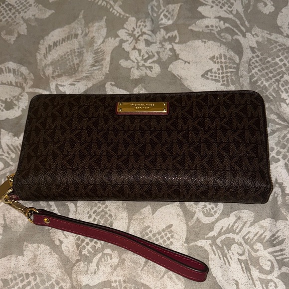 Michael Kors Handbags - Michael Kors Dark Brown Wristlet with Red Strap